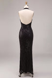 Black Mermaid Sparkly Sequin Halter Long Formal Dress