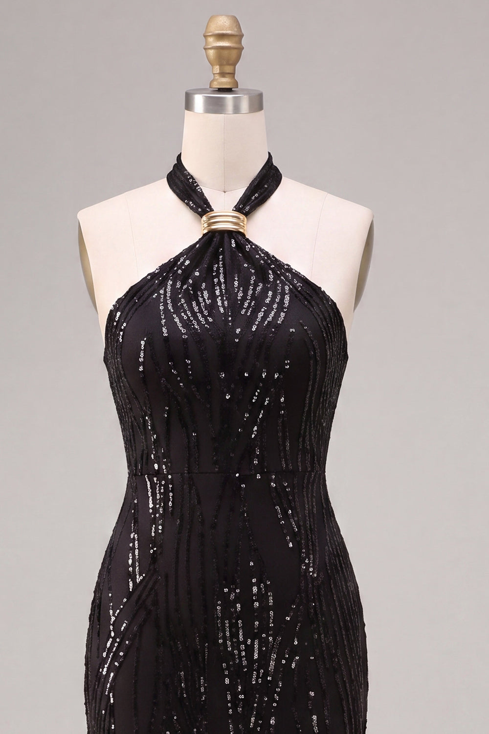 Black Mermaid Sparkly Sequin Halter Long Formal Dress