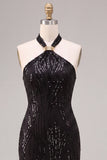 Black Mermaid Sparkly Sequin Halter Long Formal Dress