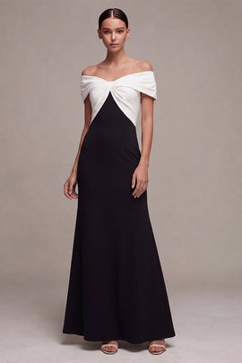 Black and White Off the Shoulder Mermaid Ruched Long Formal Dress