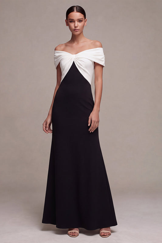 Black and White Off the Shoulder Mermaid Ruched Long Formal Dress