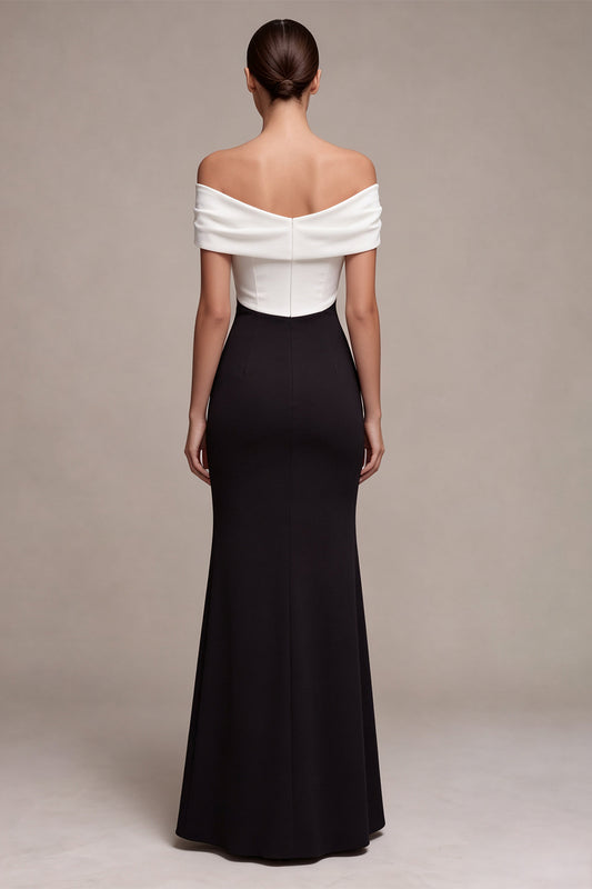 Black and White Off the Shoulder Mermaid Ruched Long Formal Dress