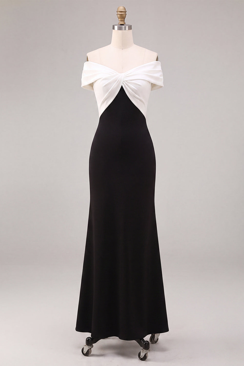 Black and White Off the Shoulder Mermaid Ruched Long Formal Dress
