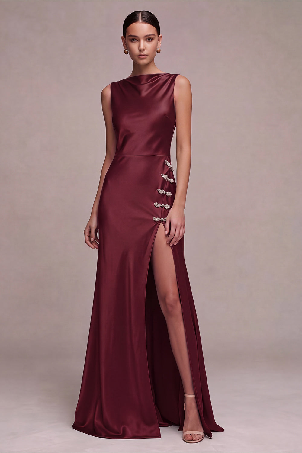 Olive Satin Simple Mermaid Bateau Neck Long Formal Dress with Slit