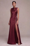Olive Satin Simple Mermaid Bateau Neck Long Formal Dress with Slit