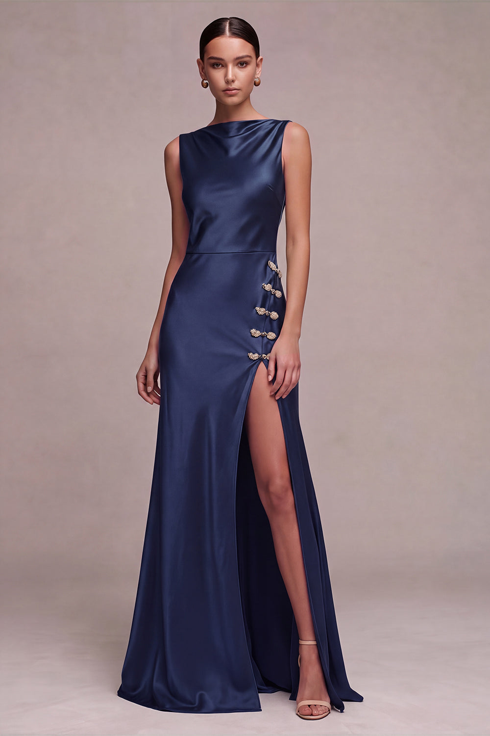 Olive Satin Simple Mermaid Bateau Neck Long Formal Dress with Slit