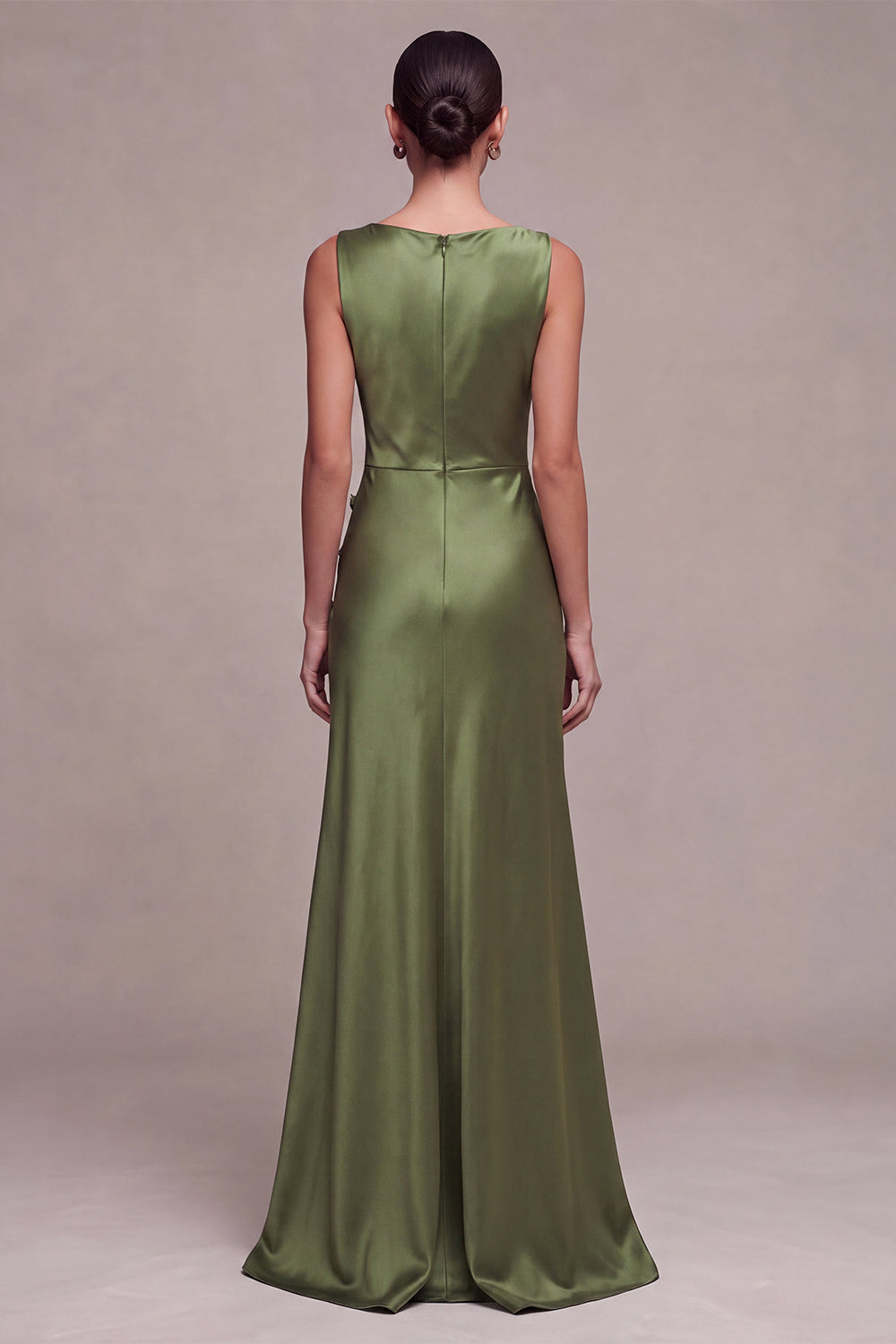 Olive Satin Simple Mermaid Bateau Neck Long Formal Dress with Slit