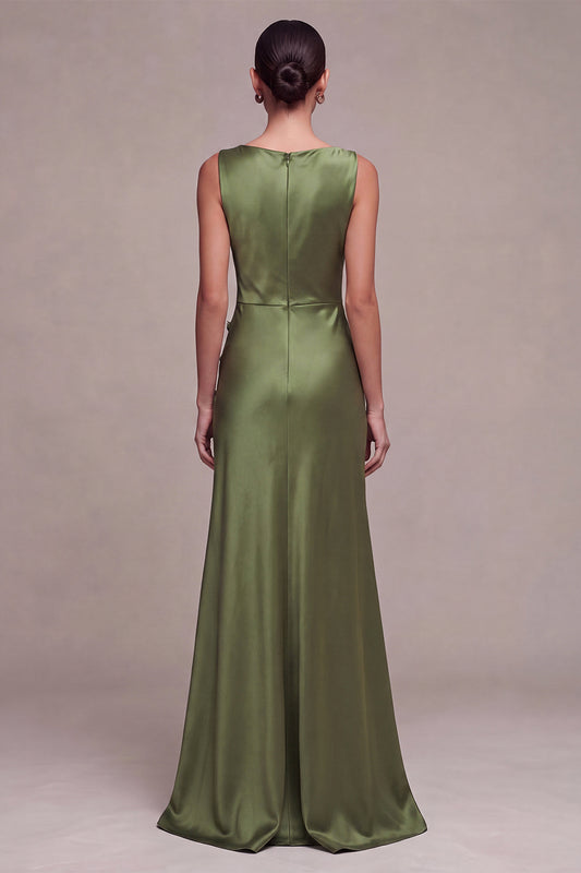 Olive Satin Simple Mermaid Bateau Neck Long Formal Dress with Slit