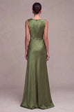 Olive Satin Simple Mermaid Bateau Neck Long Formal Dress with Slit