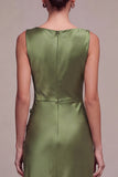 Olive Satin Simple Mermaid Bateau Neck Long Formal Dress with Slit