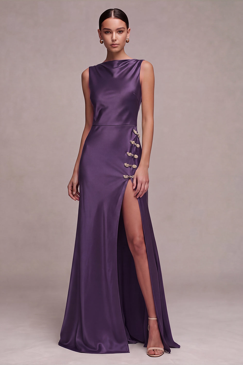Olive Satin Simple Mermaid Bateau Neck Long Formal Dress with Slit