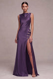 Olive Satin Simple Mermaid Bateau Neck Long Formal Dress with Slit