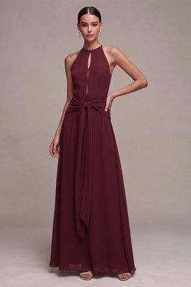 Burgundy A Line Chiffon Round Neck Keyholes Long Formal Dress with Sash