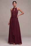 Burgundy A Line Chiffon Round Neck Keyholes Long Formal Dress with Sash