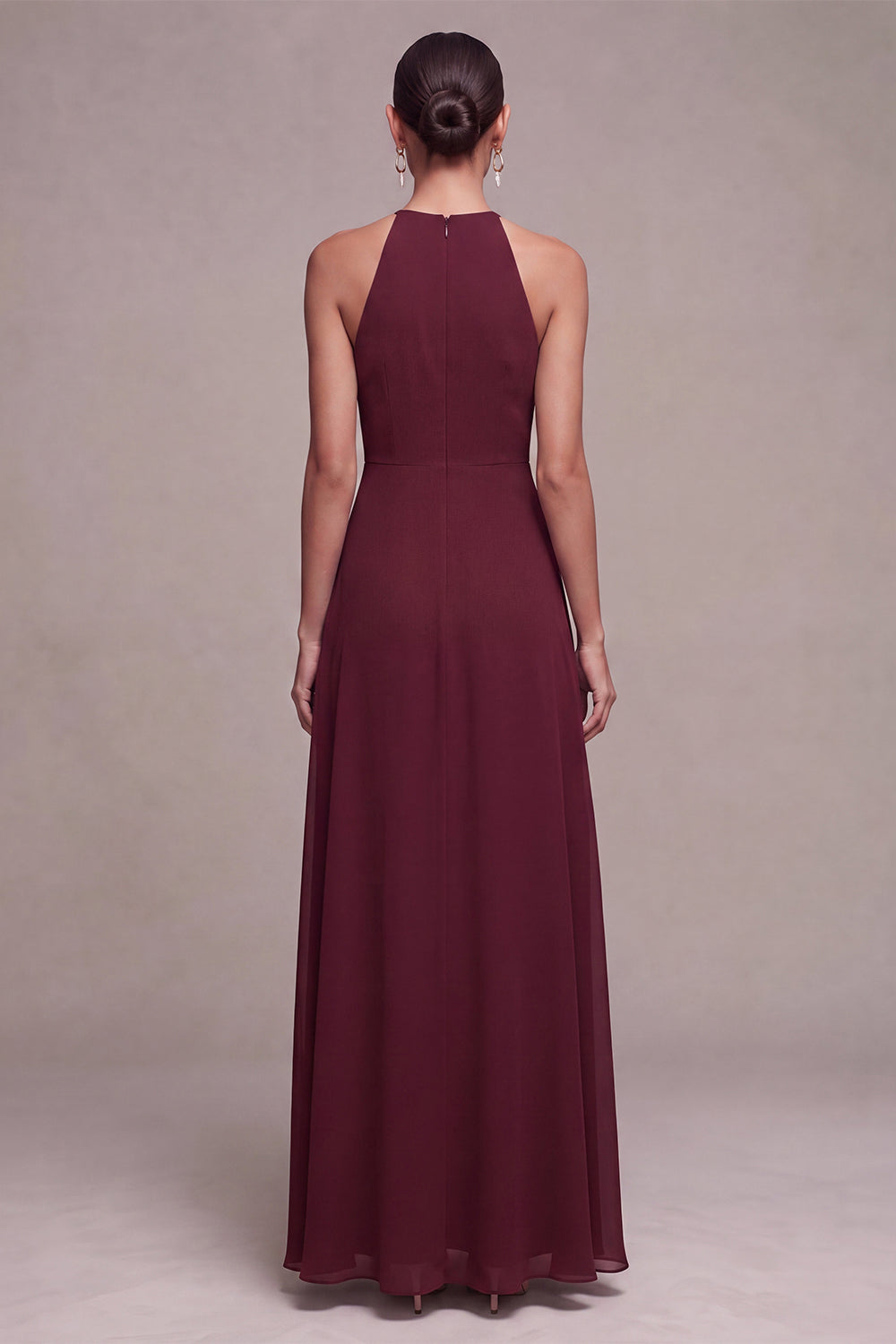 Burgundy A Line Chiffon Round Neck Keyholes Long Formal Dress with Sash