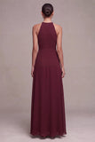 Burgundy A Line Chiffon Round Neck Keyholes Long Formal Dress with Sash