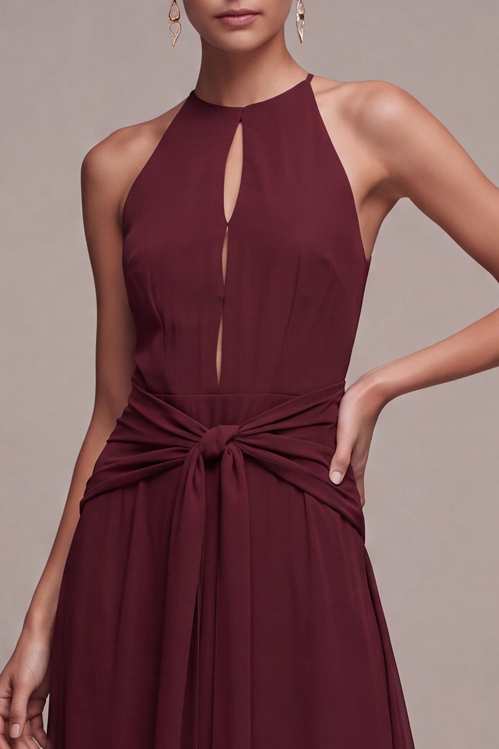 Burgundy A Line Chiffon Round Neck Keyholes Long Formal Dress with Sash