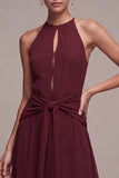 Burgundy A Line Chiffon Round Neck Keyholes Long Formal Dress with Sash