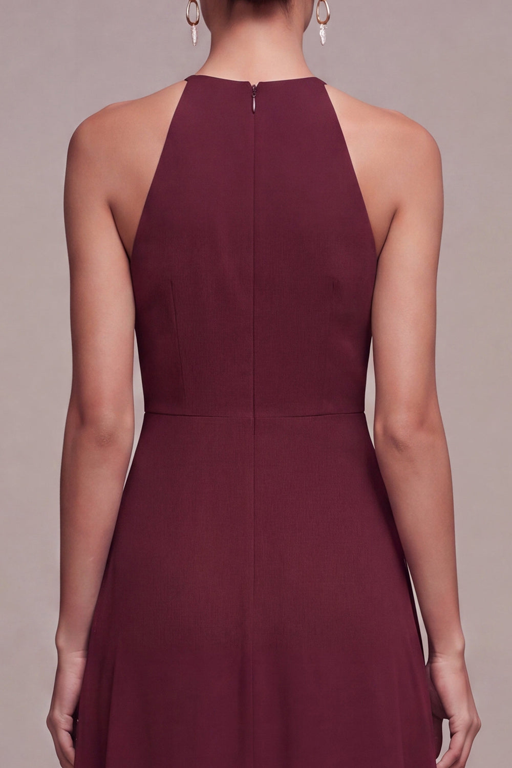 Burgundy A Line Chiffon Round Neck Keyholes Long Formal Dress with Sash