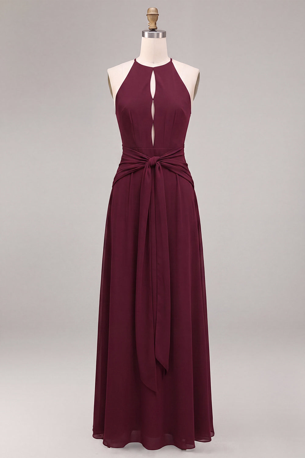 Burgundy A Line Chiffon Round Neck Keyholes Long Formal Dress with Sash