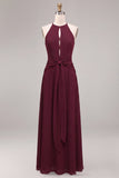 Burgundy A Line Chiffon Round Neck Keyholes Long Formal Dress with Sash