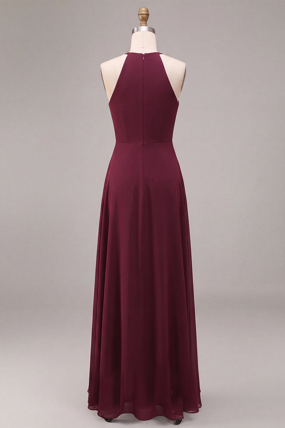 Burgundy A Line Chiffon Round Neck Keyholes Long Formal Dress with Sash