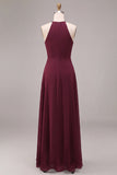 Burgundy A Line Chiffon Round Neck Keyholes Long Formal Dress with Sash