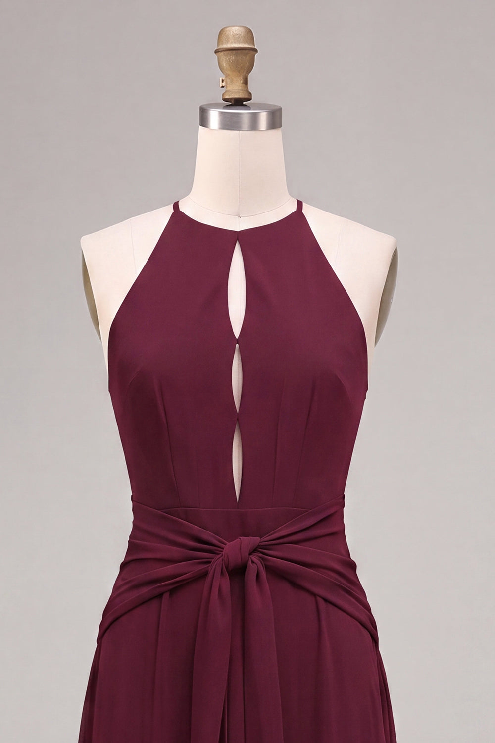 Burgundy A Line Chiffon Round Neck Keyholes Long Formal Dress with Sash