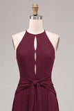 Burgundy A Line Chiffon Round Neck Keyholes Long Formal Dress with Sash