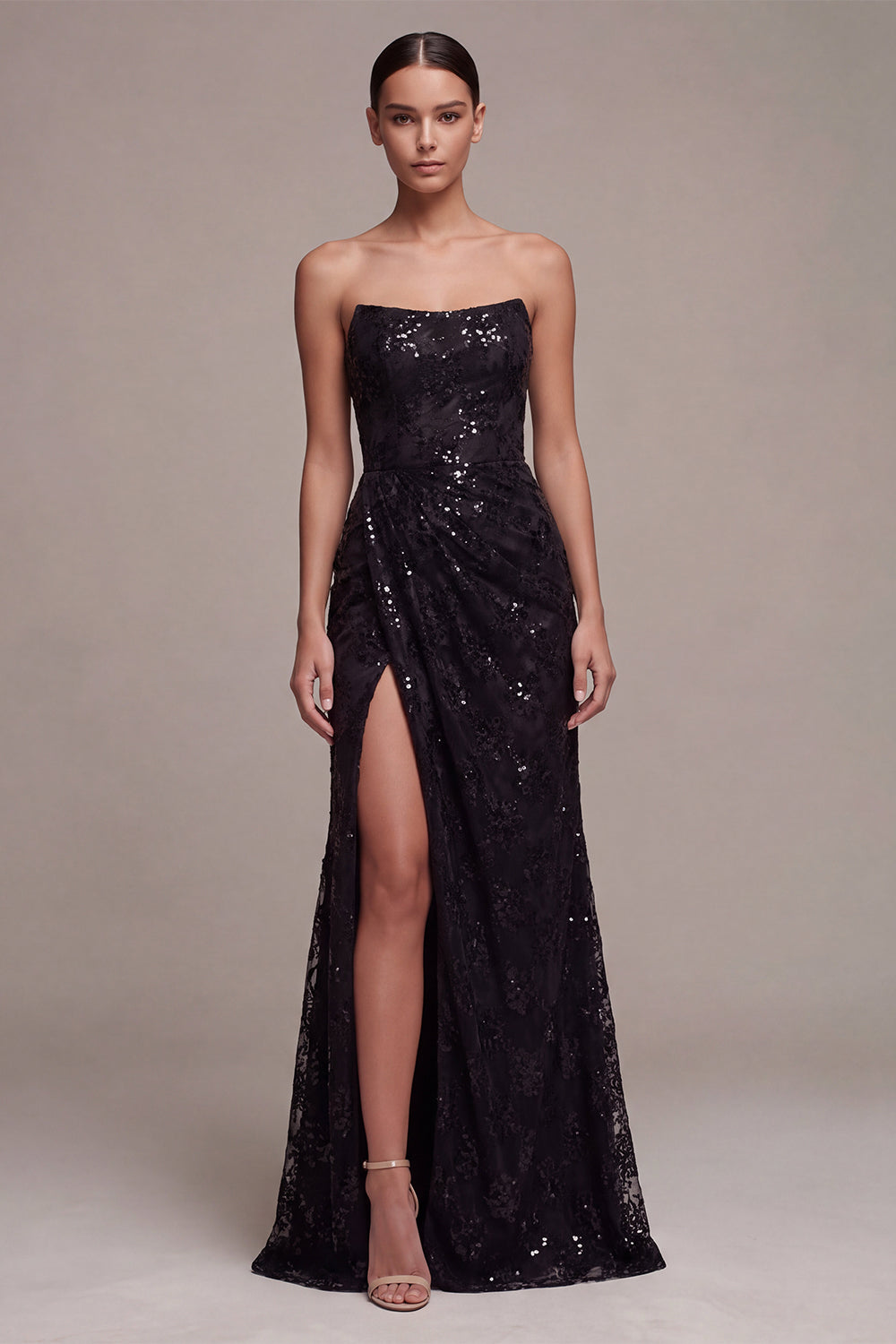 Sparkly Black Mermaid Sequin Strapless Long Formal Dress with Slit