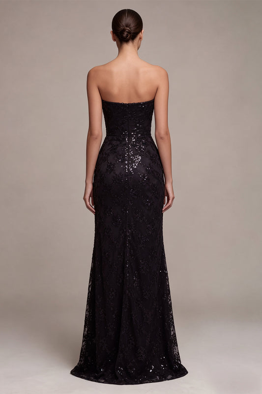 Sparkly Black Mermaid Sequin Strapless Long Formal Dress with Slit