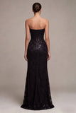 Sparkly Black Mermaid Sequin Strapless Long Formal Dress with Slit