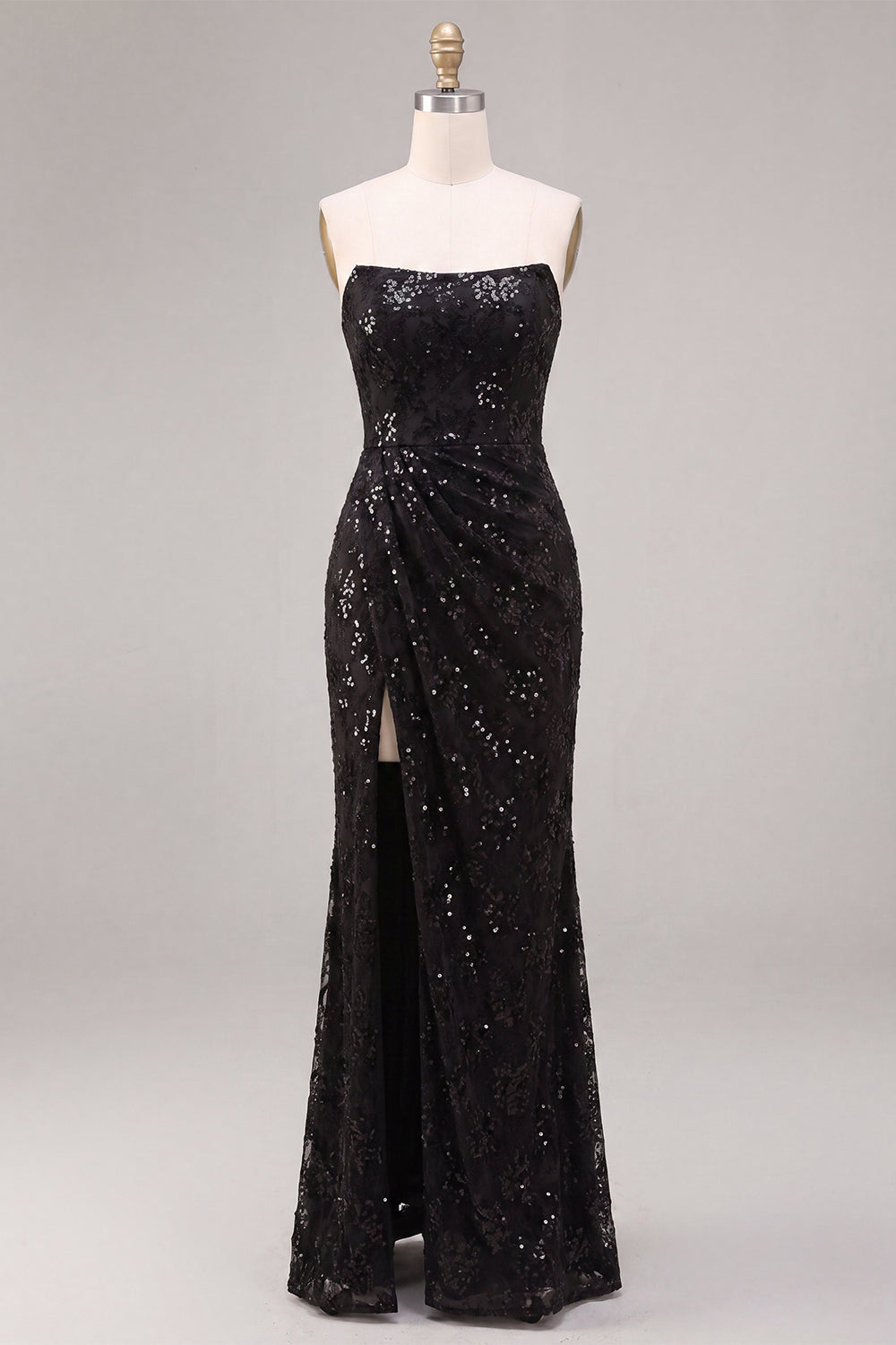 Sparkly Black Mermaid Sequin Strapless Long Formal Dress with Slit