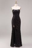 Sparkly Black Mermaid Sequin Strapless Long Formal Dress with Slit