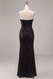 Sparkly Black Mermaid Sequin Strapless Long Formal Dress with Slit