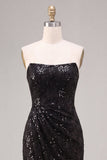 Sparkly Black Mermaid Sequin Strapless Long Formal Dress with Slit