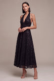 A Line Black Halter Sparkly Sequin Midi Formal Dress