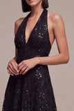 A Line Black Halter Sparkly Sequin Midi Formal Dress