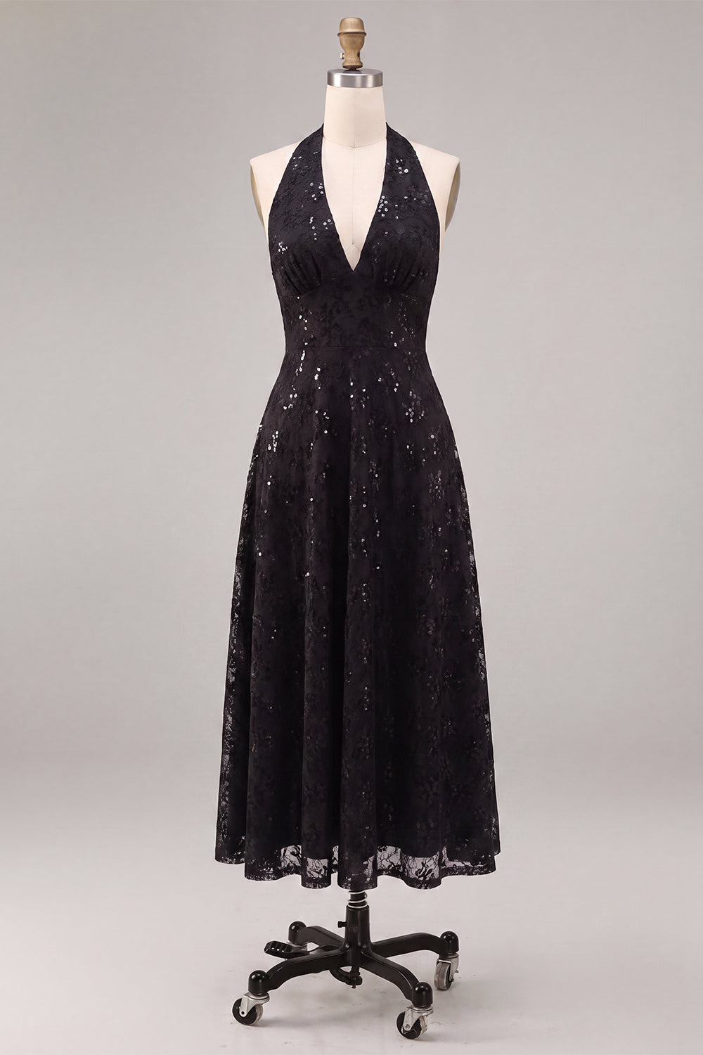 A Line Black Halter Sparkly Sequin Midi Formal Dress
