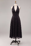 A Line Black Halter Sparkly Sequin Midi Formal Dress
