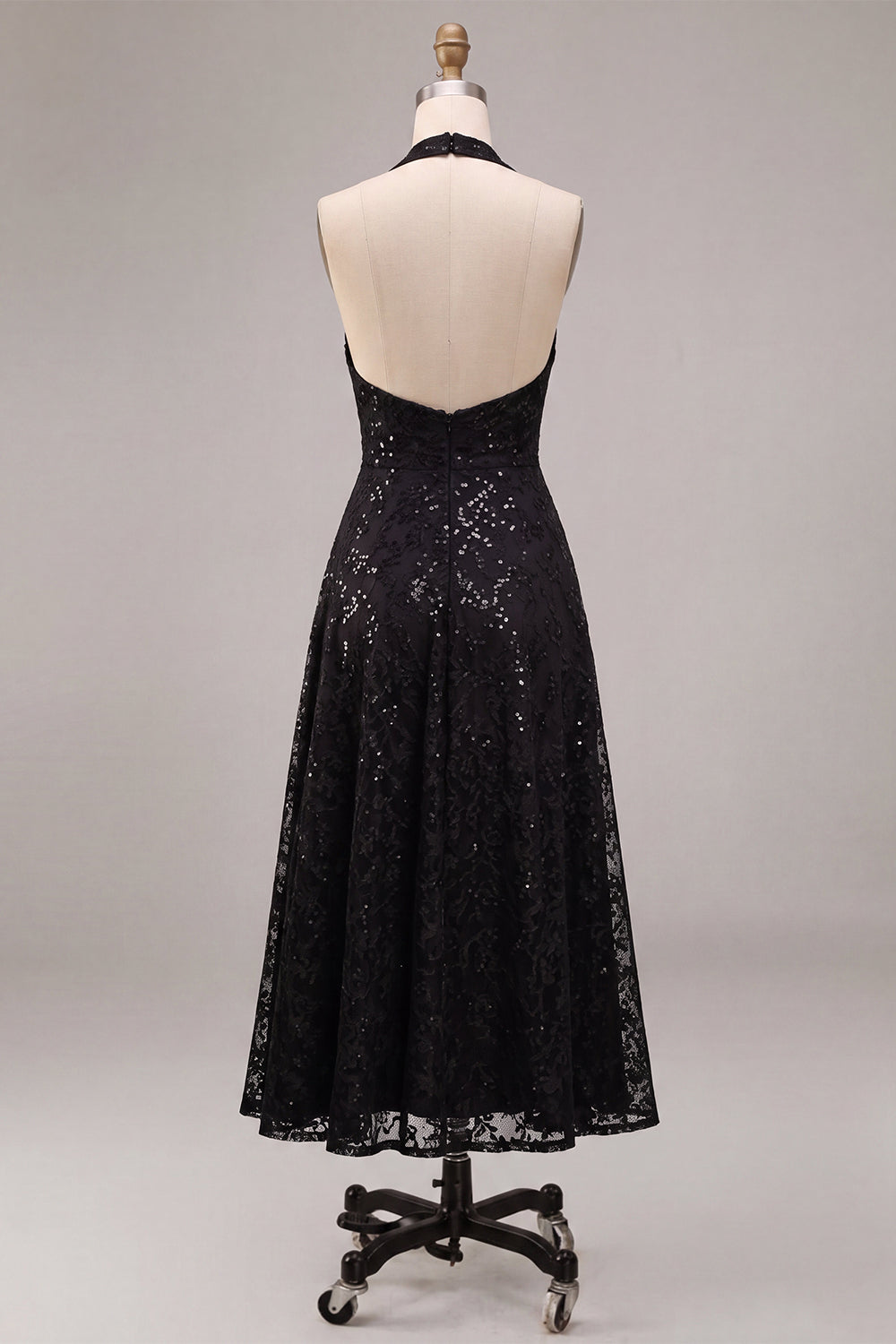 A Line Black Halter Sparkly Sequin Midi Formal Dress