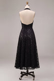 A Line Black Halter Sparkly Sequin Midi Formal Dress