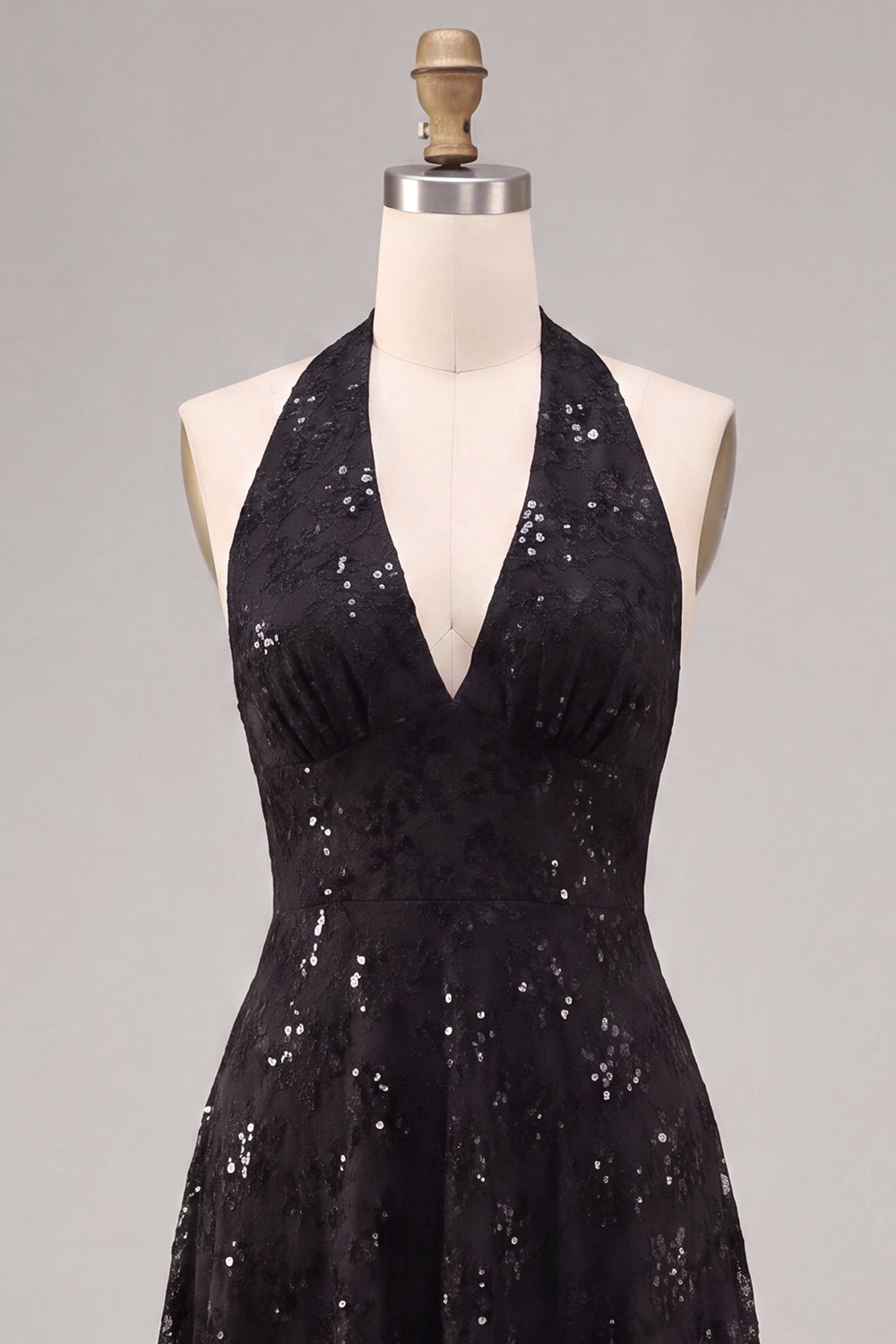 A Line Black Halter Sparkly Sequin Midi Formal Dress