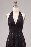 A Line Black Halter Sparkly Sequin Midi Formal Dress