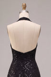 A Line Black Halter Sparkly Sequin Midi Formal Dress