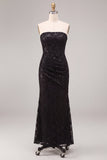 Black Strapless Sparkly Sequin Long Mermaid Formal Dress