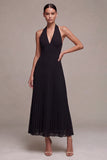 Chiffon Black A Line Pleated Halter Long Formal Dress