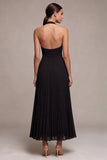 Chiffon Black A Line Pleated Halter Long Formal Dress