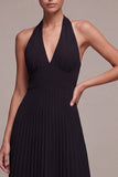 Chiffon Black A Line Pleated Halter Long Formal Dress