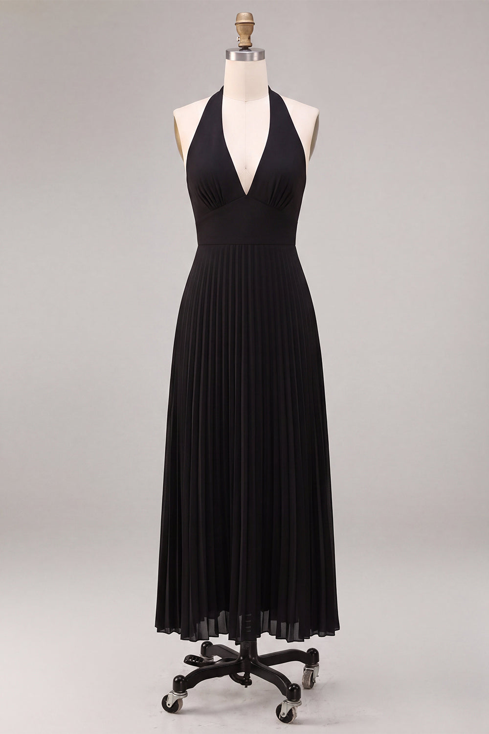 Chiffon Black A Line Pleated Halter Long Formal Dress
